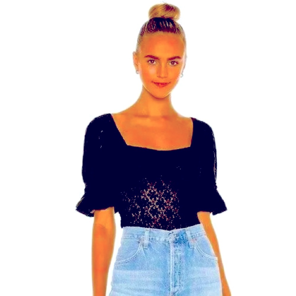 [Free People] Black Spring Fling Lace Crochet Puff Sleeve Ruffle Top Sz Medium M
